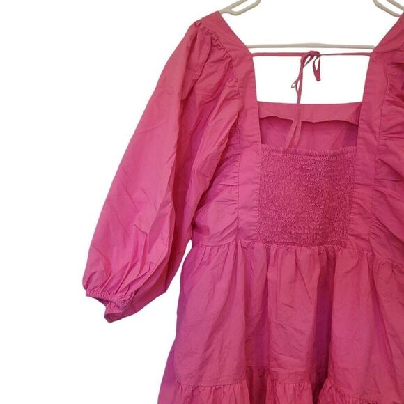 A New Day Women's Hot Pink Cotton Puff Sleeves Baby Doll Tiered Dress w Pockets - Picture 12 of 16